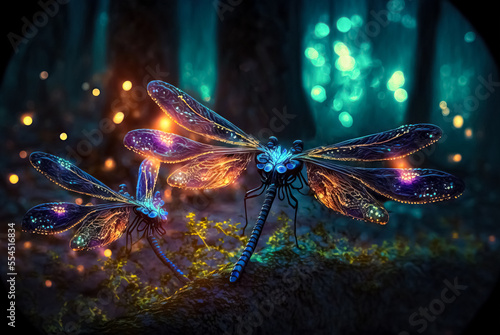 Flittering fireflies flying in the night Fantasy enchanted forest. Fairy tale concept.	 photo