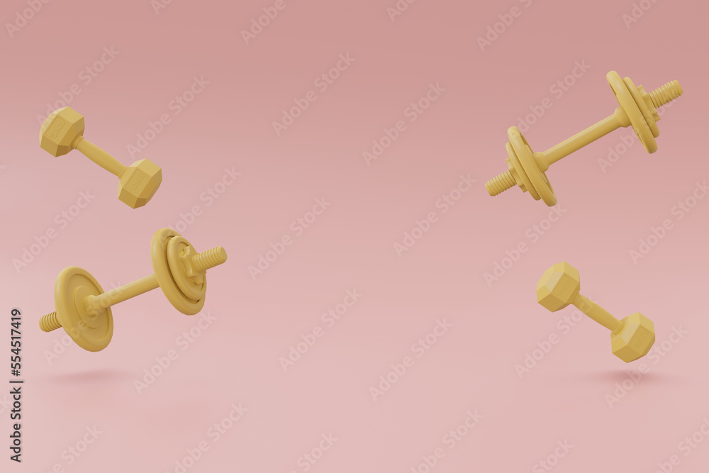 Fitness Scene with dumbbells in yellow and pink pastel colours, 3D Illustration Fitness Scene with dumbbells in yellow and pink pastel colours, 3D Illustration