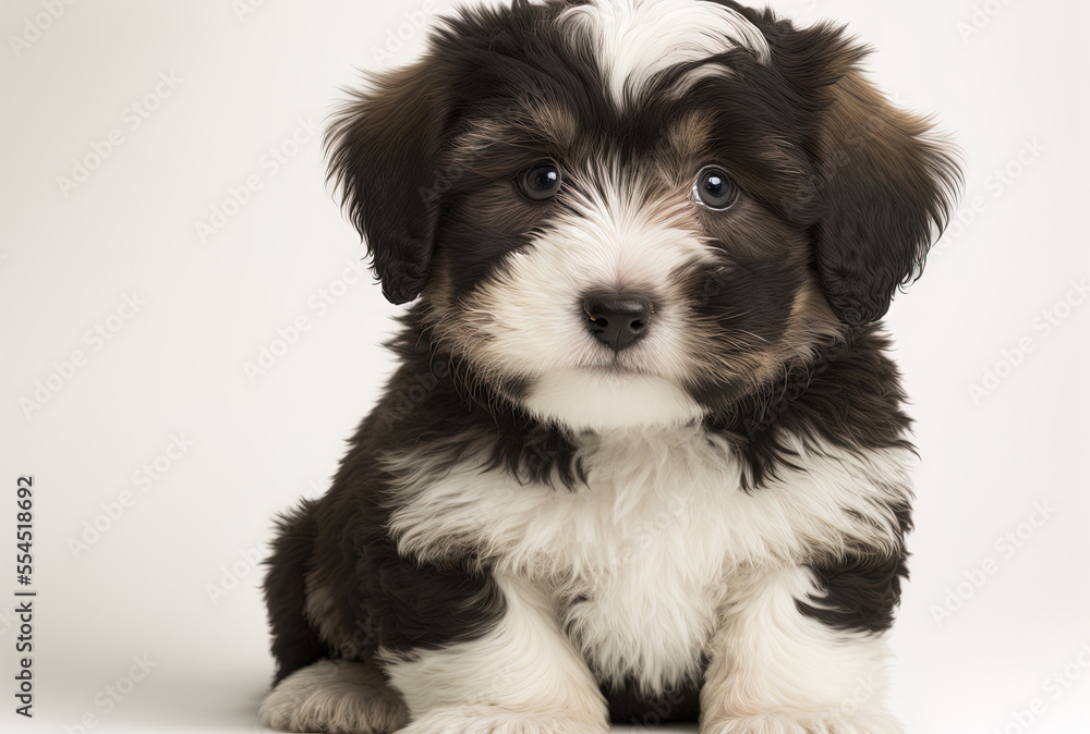 On a white backdrop, a cute havanese puppy dog is sitting frontally and staring at the camera. Generative AI