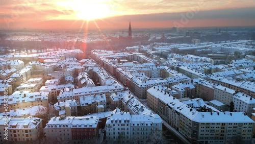 Munich aerial skyline sunrise view Holy Cross Church in giesing munich winter germany city. photo