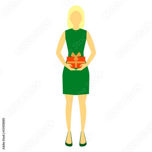 Simple flat blond  haired woman in green dress and shoes holding red gift box with yellow robbon and bow photo