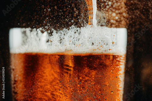 Pouring golden beer into a pint with lots of bubbles and a splash, generative AI