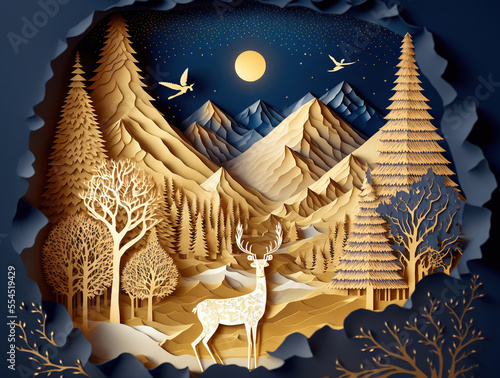 A papercut Christmas Scene with a winter background. Generative AI.