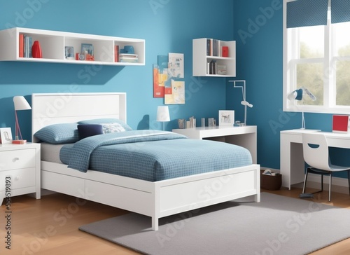 Modern child room interior with comfortable bed and desk