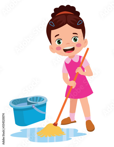 cute little boy cleaning with mop