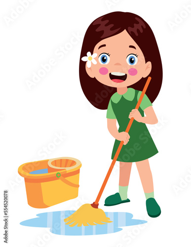 cute little boy cleaning with mop