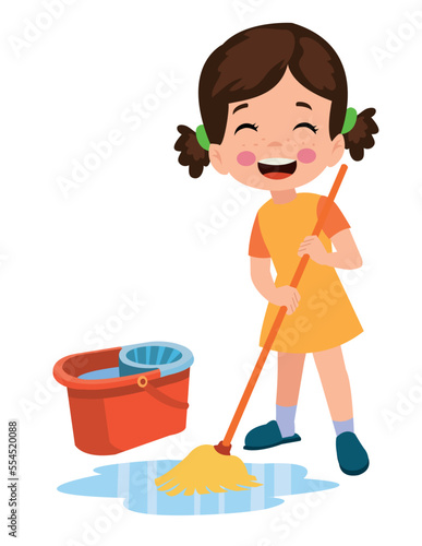 cute little boy cleaning with mop