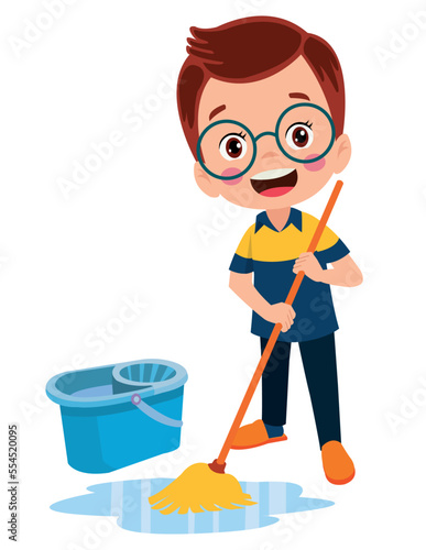 cute little boy cleaning with mop