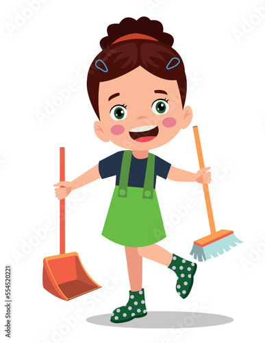 cute little boy cleaning with broom and shovel