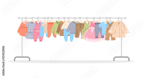 Baby clothes on a long shop hanger rack. Little boy and girl different garments hanging on store hanger stand. Children dresses, shirts, pants and coat. Flat cartoon illustration. Sale or second hand