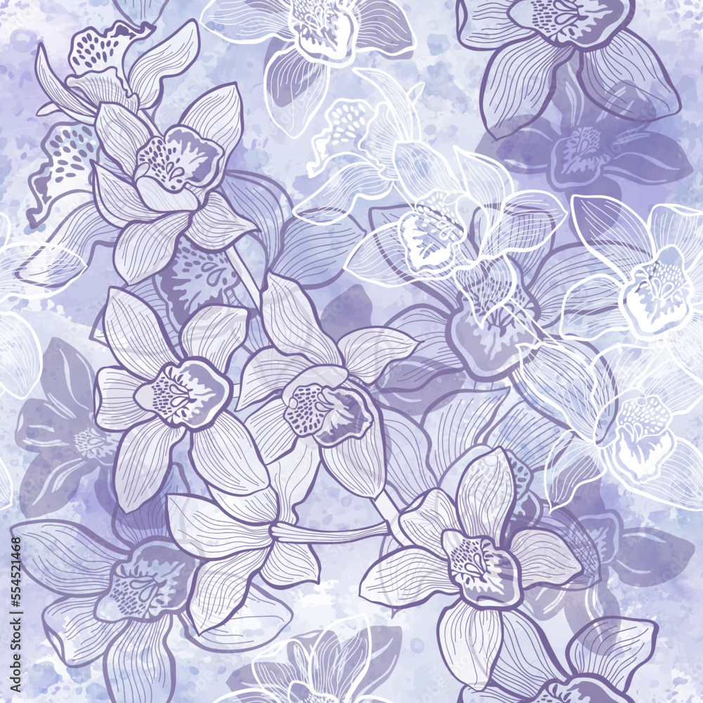 Orchids.  Art floral background. Seamless pattern with hand drawn flowers on lilac watercolor background. Vector.  Perfect for wallpaper, wrapping, fabric and textile.