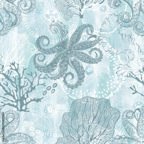 Seamless vector pattern with underwater creatures on blue watercolor background. Abstract sea background.  Vector. Perfect for design templates, wallpaper, wrapping, fabric and textile.