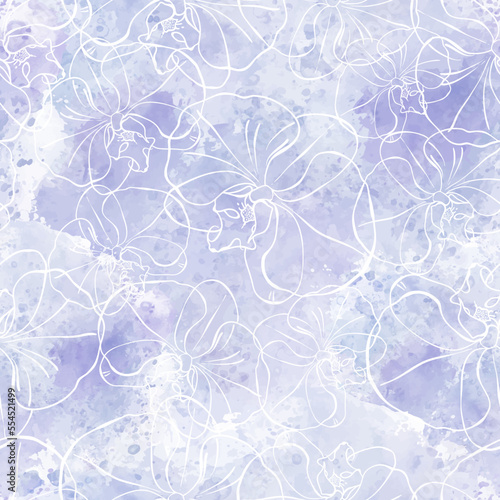 Orchids.  Art floral background. Seamless pattern with hand drawn flowers on lilac watercolor background. Vector.  Perfect for wallpaper, wrapping, fabric and textile.