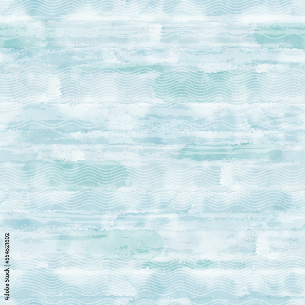 Abstract seamless pattern on the marine theme with waves on a blue watercolor background. Vector. Perfect for design templates, wallpaper, wrapping, fabric and textile.