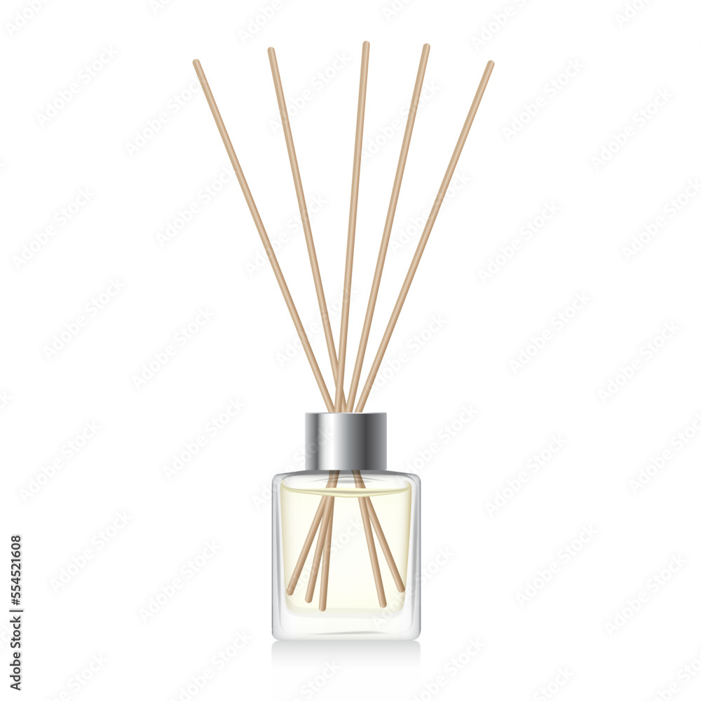 Transparent reed diffuser bottle mockup. Home fragrance with yellow liquid perfume. Cube aromatic diffuser with silver cap. 3D vector illustration - obrazy, fototapety, plakaty 