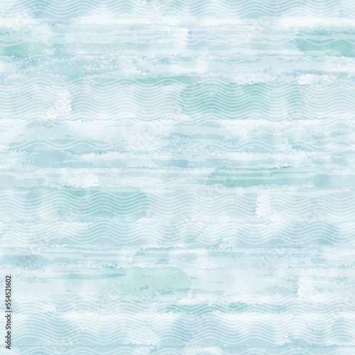 Abstract seamless pattern on the marine theme with waves on a blue watercolor background. Vector. Perfect for design templates, wallpaper, wrapping, fabric and textile.