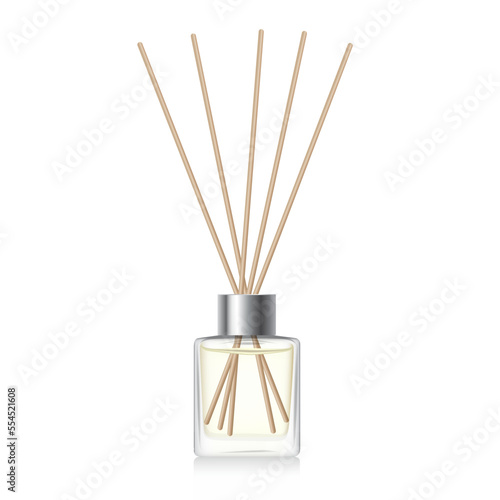 Transparent reed diffuser bottle mockup. Home fragrance with yellow liquid perfume. Cube aromatic diffuser with silver cap. 3D vector illustration photo