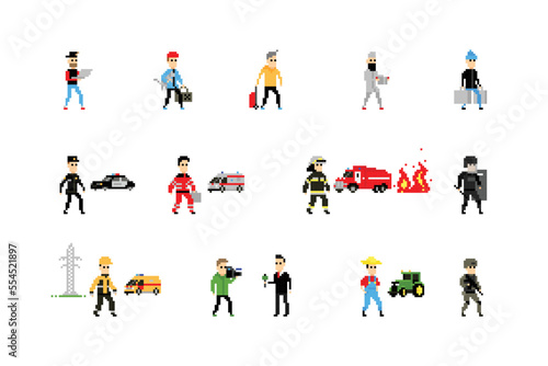 Pixel art characters of various professions