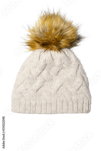 winter knitted hat with fur pompom isolated