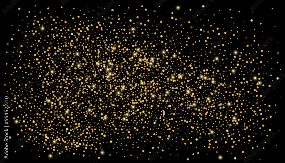 Gold glitter confetti on a black background. Shiny particles scattered, sand. Decorative element. Luxury background for your design, cards, invitations, vector Gold glitter confetti on a black background. Shiny particles scattered, sand. Decorative element. Luxury background for your design, cards, invitations, vector