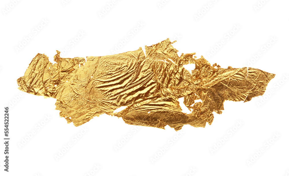 Abstract torn brushstroke piece of metal leaf (patal) paper on Png tranparent background. Gold and bronze color.