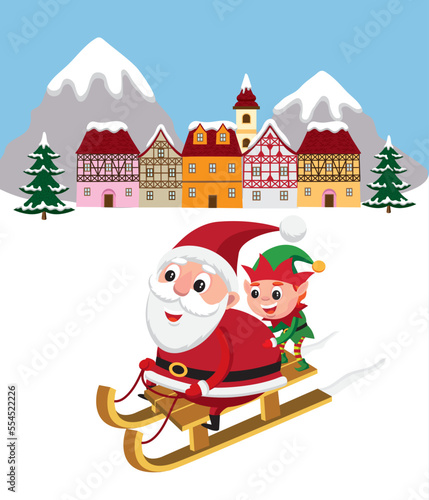 Cute cartoon illustration of Santa Claus and elf on a sled