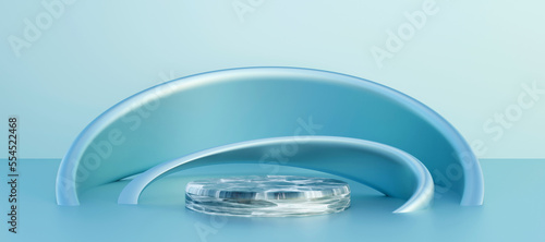 Blue podium with ice texture and abstract art objects. Stand to show products. Light blue pedestal display with copy space. Banner size. Website cover template. 3D rendering.