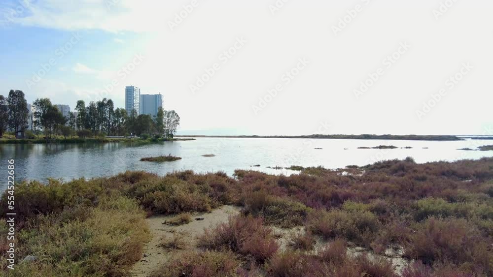 Pan view of a river connects to Aegean Sea in Mavisehir, Gulf of Izmir