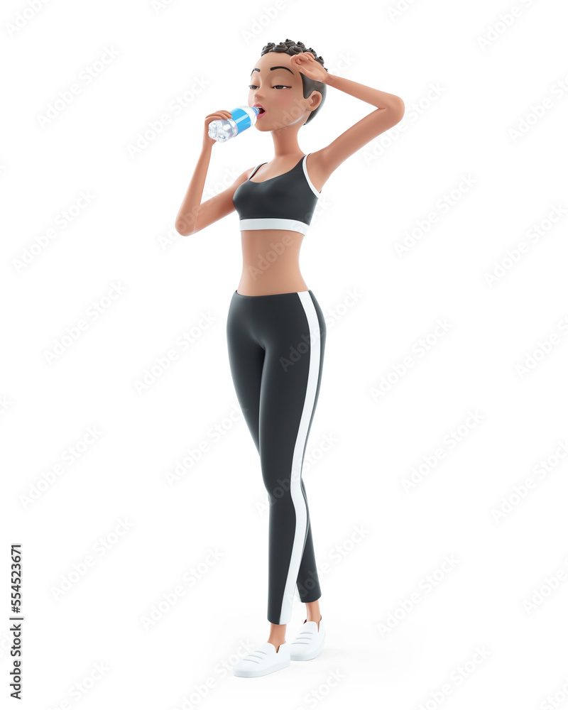 3d sporty character woman drinking water on bottle 3d sporty character woman drinking water on bottle