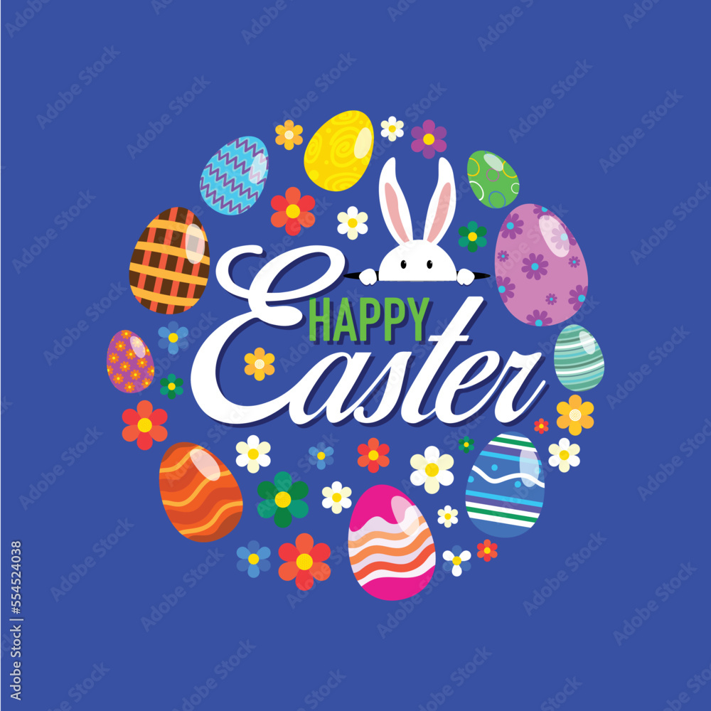 Happy Easter colourful poster, greeting card, logo, unit, design with rabbit, bunny and text
