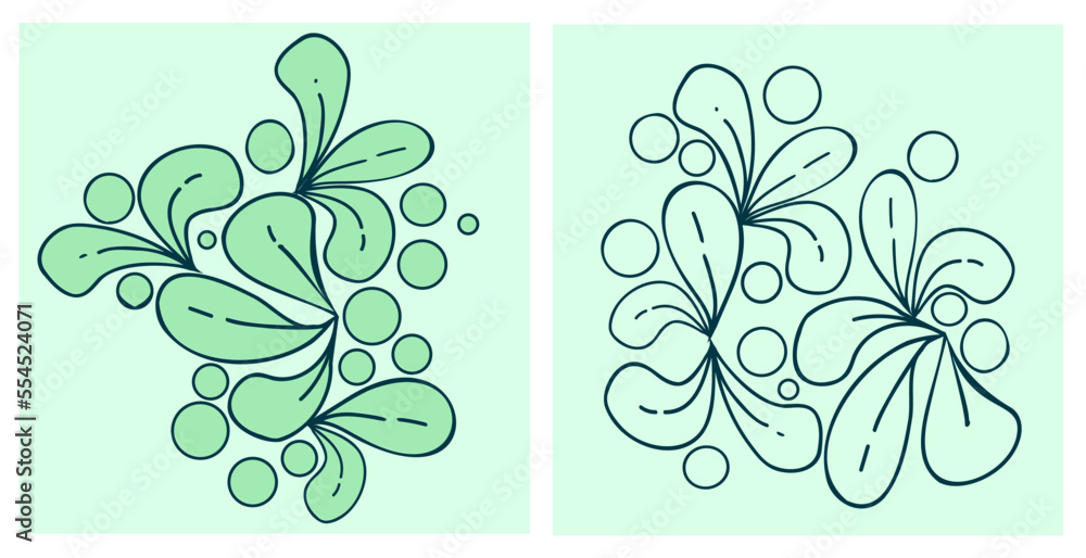 Bouquet of leaves lineart in green background. Fine ornament vector