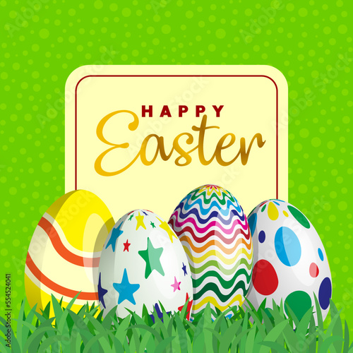 Happy Easter celebration colourful eggs Greeting card on green grass background. 