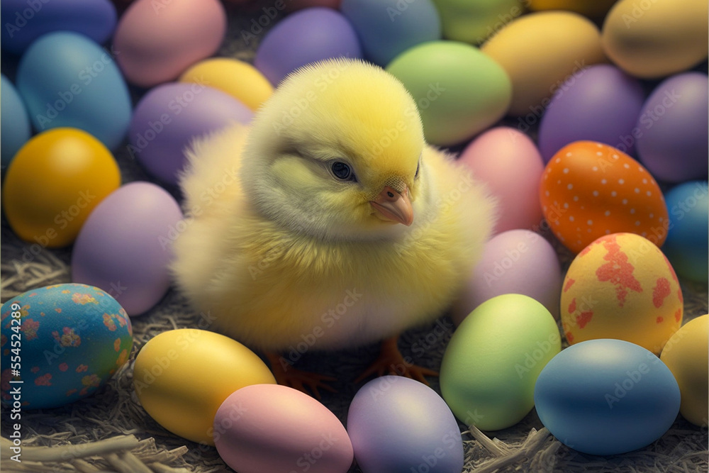 Soft and fluffy cute baby chick surrounded by colorful easter eggs created with generative AI.