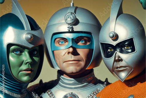 Retro photo of three people in cheap plastic futuristic costumes. Vintage science fiction television show or movie actors created with generative AI. photo