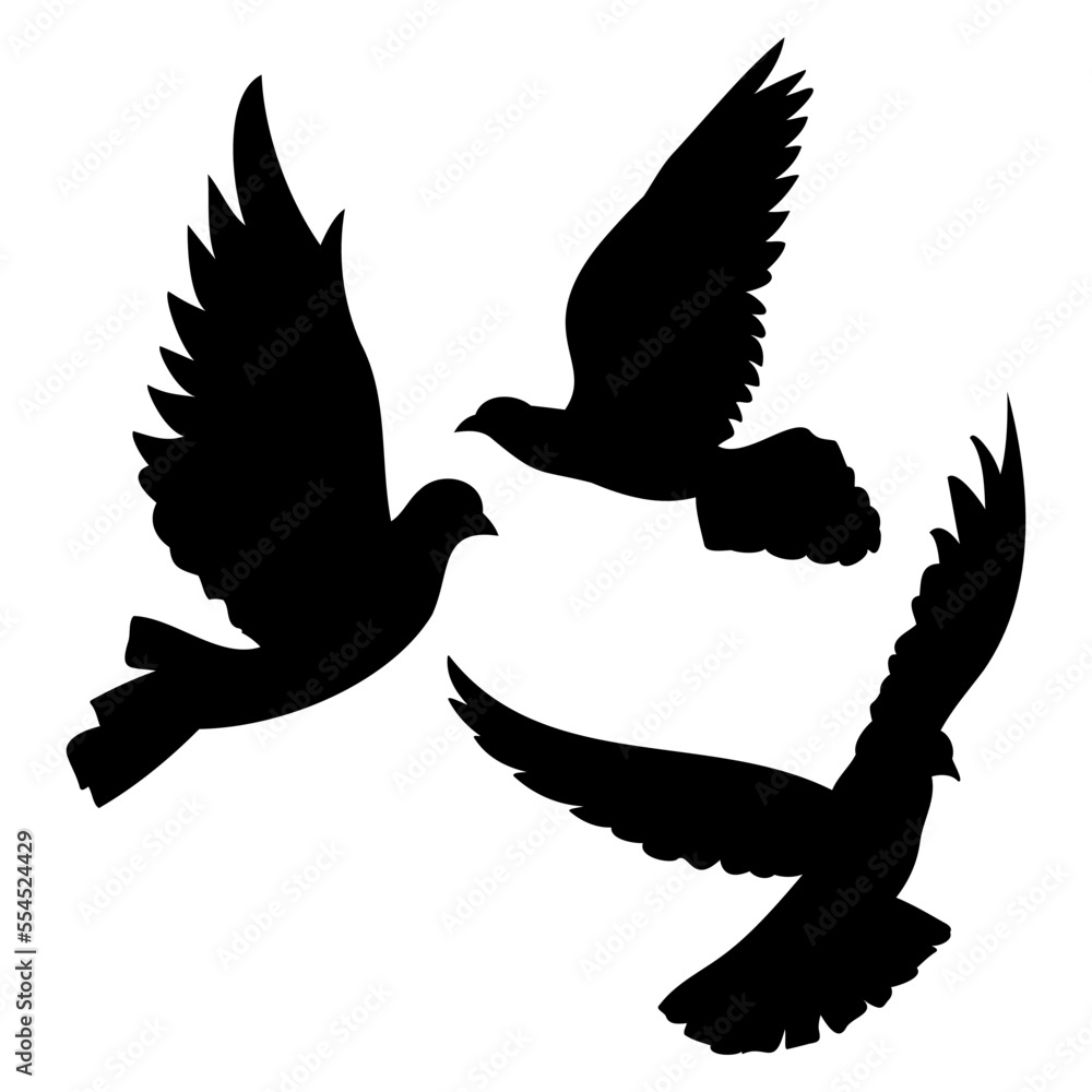 Obraz premium A set of black silhouettes of flying, taking off doves, a symbol of peace and the holiday of the world day of peace, an element for the design of fabric, testille, wallpapers, cards and patterns