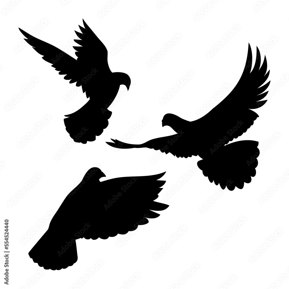 Obraz premium A set of black silhouettes of flying, taking off doves, a symbol of peace and the holiday of the world day of peace, an element for the design of fabric, testille, wallpapers, cards and patterns