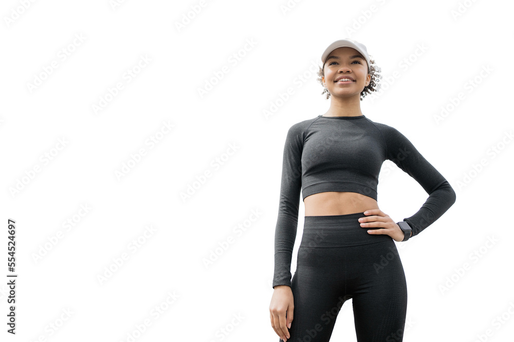 © muse studio - A female running coach is engaged in active fitness training on a transparent background.