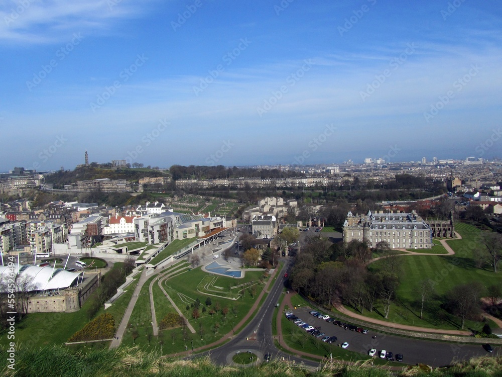 The Scottish Parliament Building and the Palace of Holyroodhouse from Holyrood Park, Edinburgh.