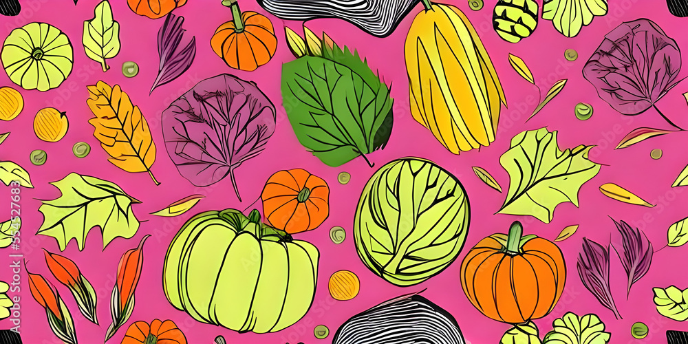 Seamless pattern with autumn plants, harvest illustration of vegetables and leaves Seamless pattern with autumn plants, harvest illustration of vegetables and leaves