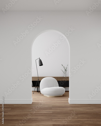 Empty white arch wall with sofa and sideboard on wooden floor. 3d rendering of interior living room