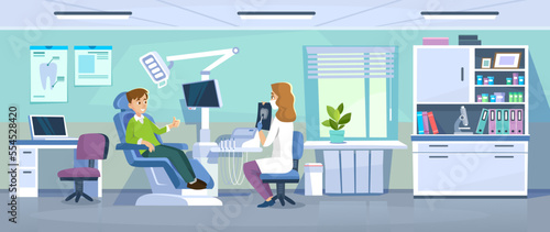Happy patient smiling after a check-up in a dentist's office with a doctor. An interior design of a modern dental cabinet. Teeth cleaning and treatment. Cartoon style vector illustration.