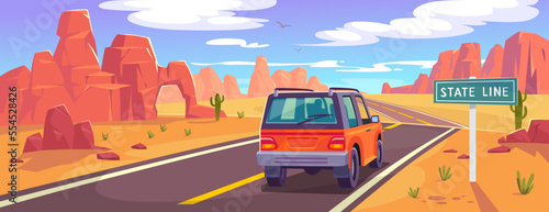 Car on a highway in a desert on a road trip in summer. Landscape view on a roadway through a canyon with mountains and barren land in the west of America or Mexico. Cartoon style vector illustration.