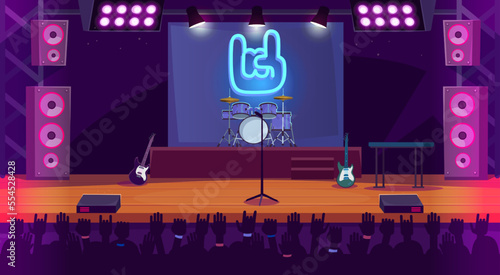 Empty concert stage with musical instruments of a rock band. A crowd of people with hands up waiting for the performance. Music festival scene with and equipment. Cartoon style vector illustration.