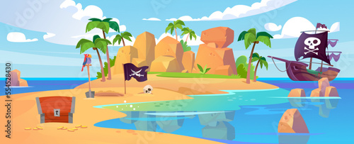 Tropical island in the ocean with palms  a pirate ship and a hidden treasure. Chest with gold coins  a shovel  a parrot and a black flag. Vector game background. Cartoon style vector illustration.