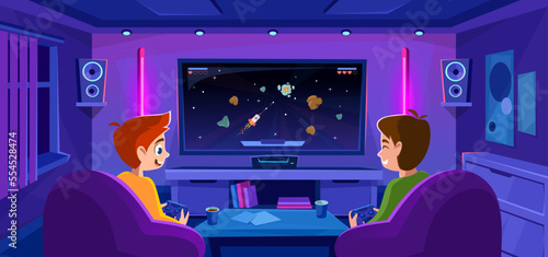 Two gamers play a fun video game together on a big tv screen sitting in a room. Young players with console controllers. Father and son spending time gaming. Cartoon style vector illustration.