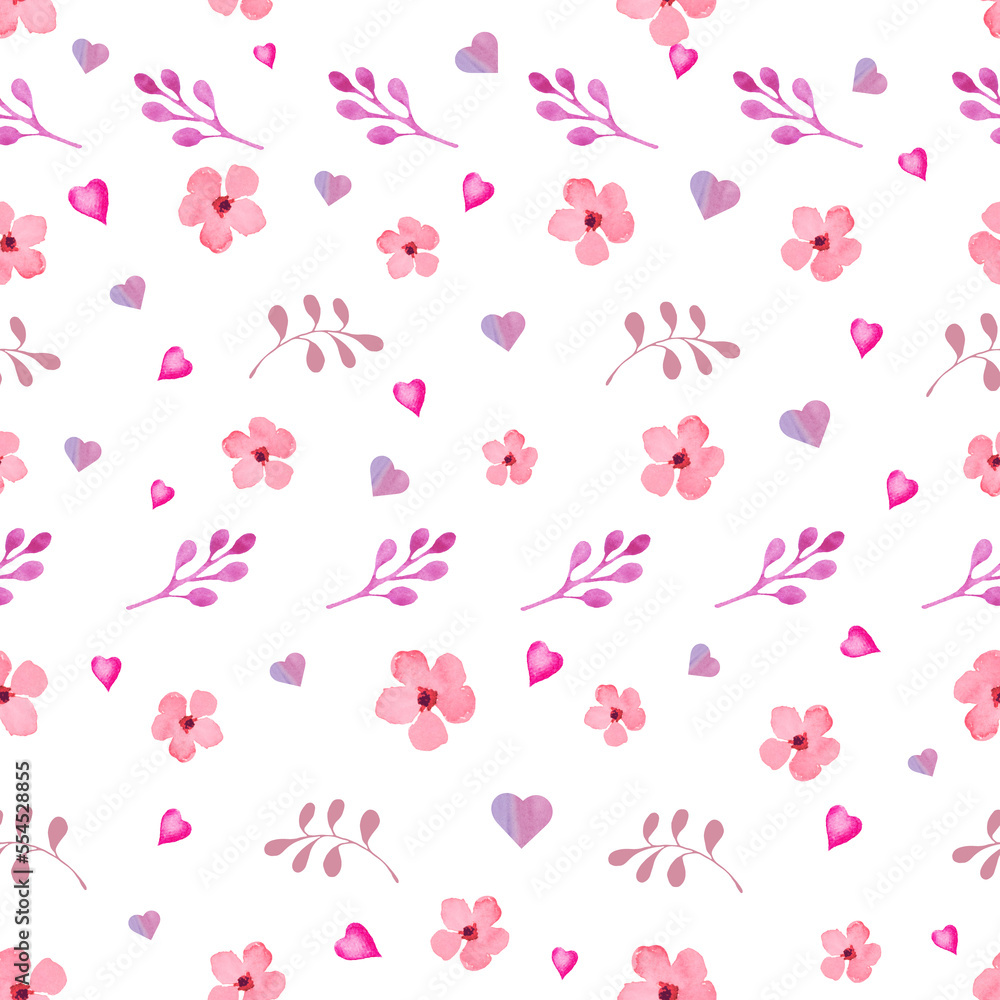 Watercolor seamless pattern with abstract  red hearts, flowers, branches. Hand drawn  illustration isolated  For packaging,  wrapping design or print. Suitable for design on Valentine's day