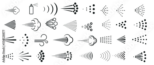 Spray vector icon of water or air sprayer nozzle for paint aerosol or deodorant spray. Spray icons set. Simple black fluid spray cloud symbols. photo