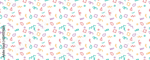 Fun colorful line doodle seamless pattern. Simple childish scribble backdrop. Creative minimalist style art background collection, trendy design with basic shapes.