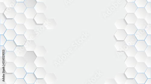 Abstract. Embossed Hexagon , honeycomb white Background ,light and shadow. 3D Futuristic honeycomb mosaic white background. Realistic geometric mesh cells texture. © kasheev