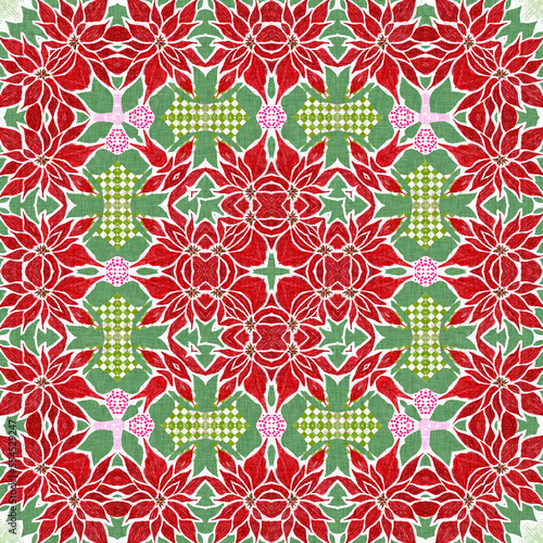 Seamless Christmas poinsettia retro pattern. Decorative ornament in seasonal red for December holiday background. Winter botanical vintage scandi repeat tile. 